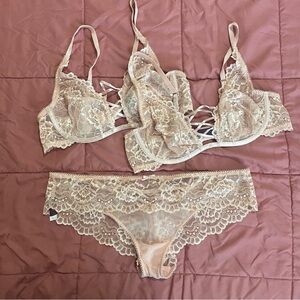 Adore Me Blush Lace Crisscross Bra (36B) & Panty (L) Set, 3 Pc